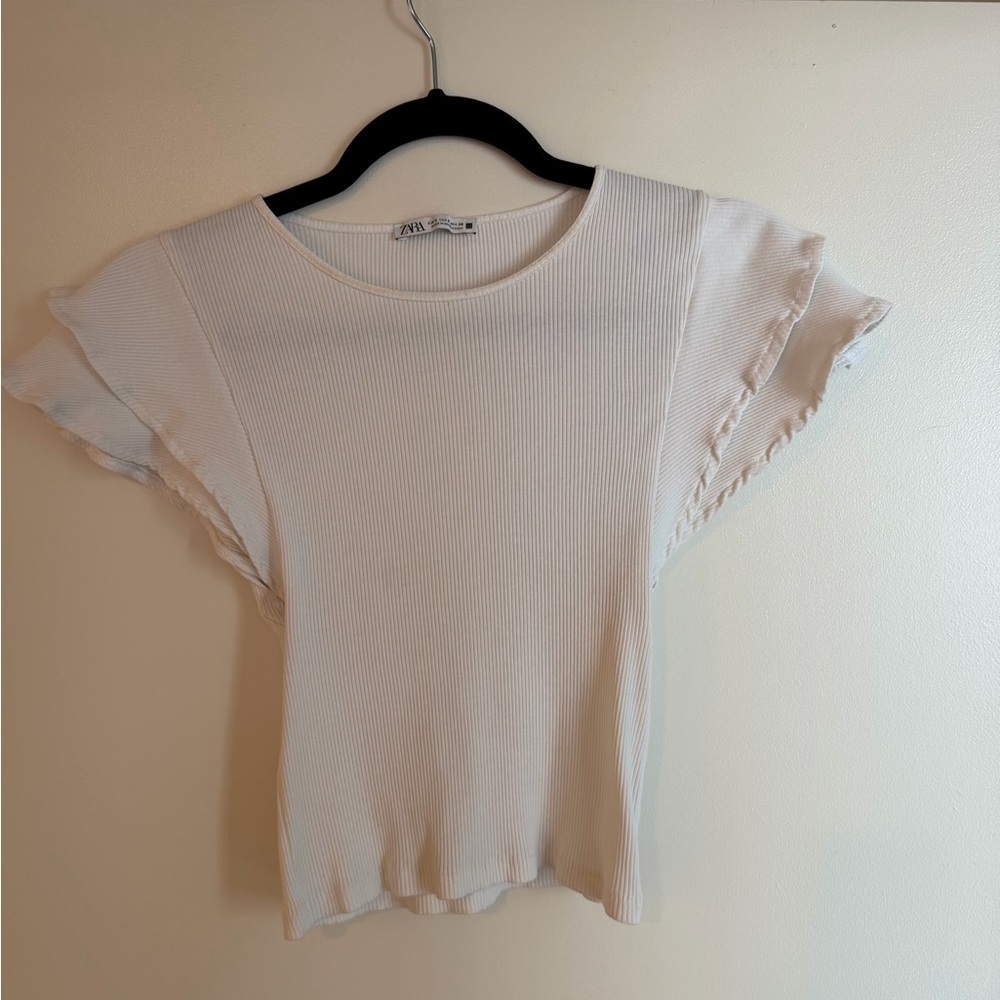 Zara Ivory Ribbed Flutter-Sleeve Tee